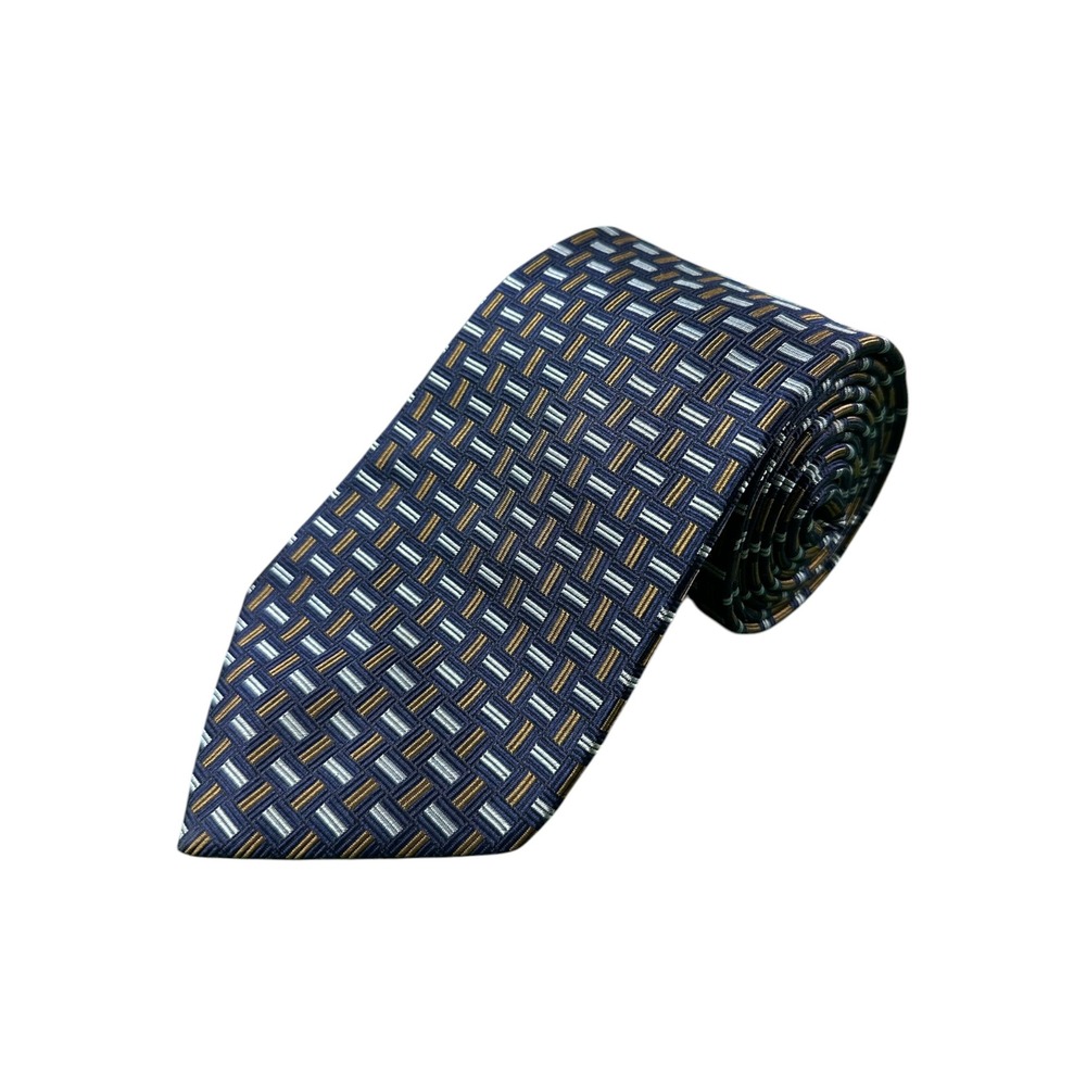 Drake's Barneys New York Silk Tie Navy Blue Gold Geometric Basketweave England